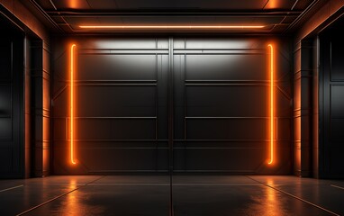 Fototapeta premium A room with black walls decorated with orange lines shining brightly next to them. generative AI