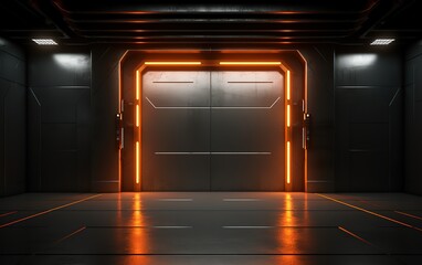 A garage room with black walls and orange lamp decoration on the side. generative AI