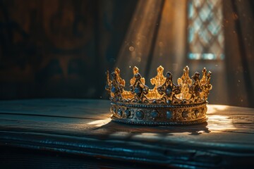 king's crown on a table with dark shadows and a light coming into it