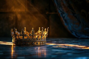 king's crown on a table with dark shadows and a light coming into it