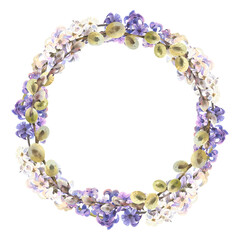 Watercolor Easter willow and hyacinth round wreath. Hand painted willow branch isolated on white background. Design for printing postcards, invitations to weddings, birthdays, spring holidays, easter