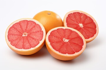 a bunch of pink grapefruits isolated on a white background. halves and whole citrus fruits.