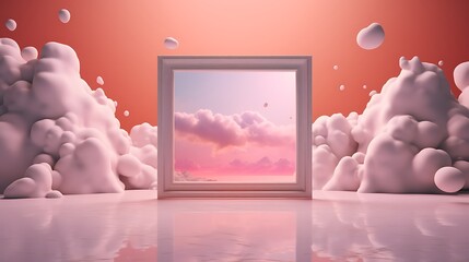 3D render of a poster frame in a surreal living room with gravity-defying elements - obrazy, fototapety, plakaty