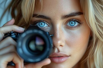 A captivating photographer captures the world through her lens, revealing the intricacies of human expression in a mesmerizing closeup portrait