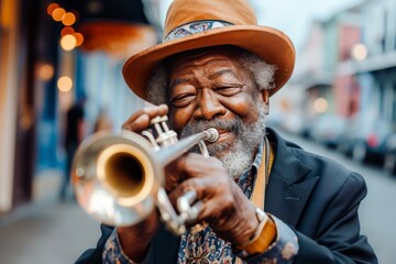 A cheerful elderly African American musician playing trumpet on a lively street, embodying the soul...