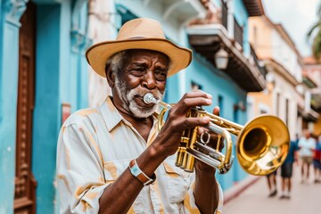 A senior street musician plays the trumpet with expression on a vibrant city street, showcasing...