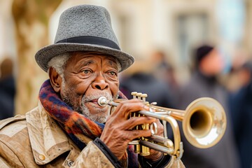 An elderly African American street musician playing the trumpet with intense expression in an urban setting.