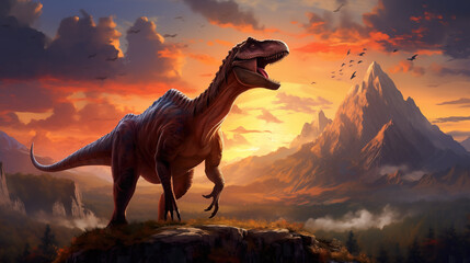 Obraz na płótnie Canvas epic wallpaper artwork showing a dinosaur screaming on top of the mountain in front of a sunset