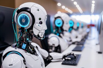 Fototapeta premium Line of advanced humanoid robots with blue glowing elements, representing cutting-edge technology and artificial intelligence in a lab setting.