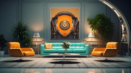 3D render of a poster frame in a retro-futuristic living room with a vintage touch - obrazy, fototapety, plakaty