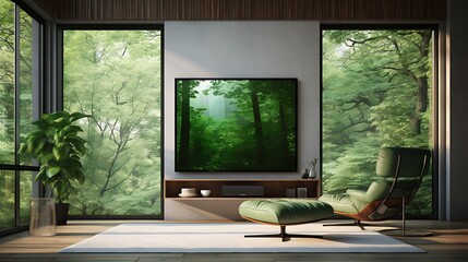 3D render of a poster frame in a utopian living room with advanced technology and lush green surroundings