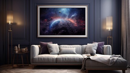 3D render of a poster frame in a space-themed living room with cosmic decor