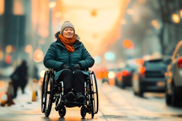 An elderly woman in a wheelchair smiling warmly on a city street during winter, representing mobility and independence.