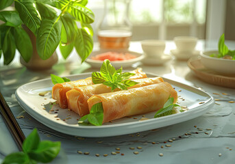 Delicious fried spring rolls with parsley on a plate, on top of a marble table, teapot and tea cups in the background, in daylight - obrazy, fototapety, plakaty