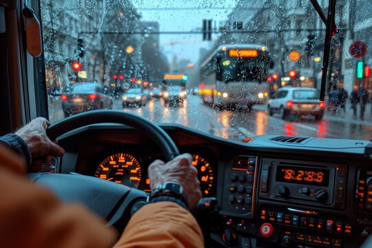 Amidst the chaotic city traffic, a determined driver navigates their car through the winter rain, hands tightly gripping the control panel as the windshield wipers fight against the downpour