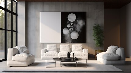 3D render of a poster frame in a surreal living room with gravity-defying elements