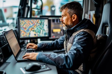 Professional man using laptop to navigate and plan routes while working inside a vehicle.