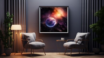 3D render of a poster frame in a space-themed living room with cosmic decor