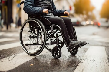 A person in a wheelchair crossing the street, illustrating concepts of accessibility and mobility in city life. - obrazy, fototapety, plakaty