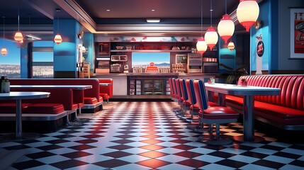 3D render of a retro poster frame in a vintage diner-style restaurant with checkered floors and...