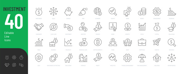 Investment Line Editable Icons set. Vector illustration in modern thin line style of business related icons: types of investments, economics, profit, savings, and more. Isolated on white.