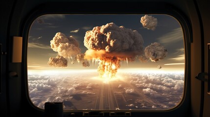 Mushroom cloud of a nuclear explosion seen through an airplane window - obrazy, fototapety, plakaty