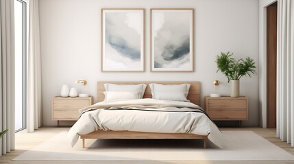 3D render of a Scandinavian-style poster frame in a neutral-toned bedroom with clean lines and natural textures