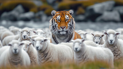 A tiger surrounded by a flock of white sheep. 