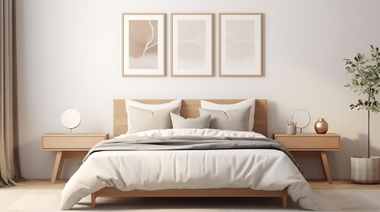 3D render of a Scandinavian-style poster frame in a neutral-toned bedroom with clean lines and...