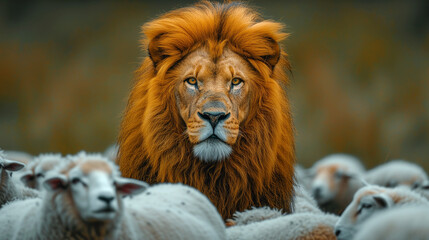 Fototapeta premium A lion surrounded by a flock of white sheep. 