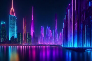 Abstract neon cityscape with futuristic skyscrapers