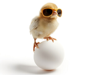 Chick wearing sunglasses steps on a white egg isolated on white background. Clear light. Generative Ai