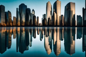 Wavy reflections of skyscrapers in calm waters