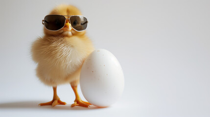Chick wearing sunglasses with a white egg isolated on white background. Clear light. Generative Ai