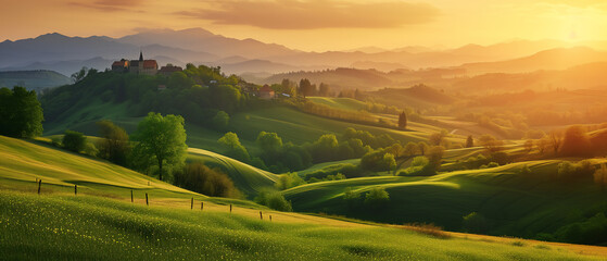 Countryside sunset in green hills of spring fields with old castle farm and mountains on background of evening landscape