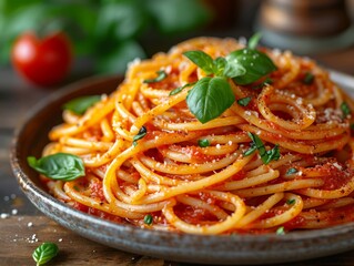 A tantalizing plate of al dente spaghetti, coated in rich tomato sauce and adorned with fresh basil leaves, captures the essence of italian cuisine in one satisfying dish