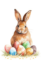 Easter card cute pastel watercolor. Osterkarte, Rabbit with color eggs isolated on white background. Generative Ai illustration