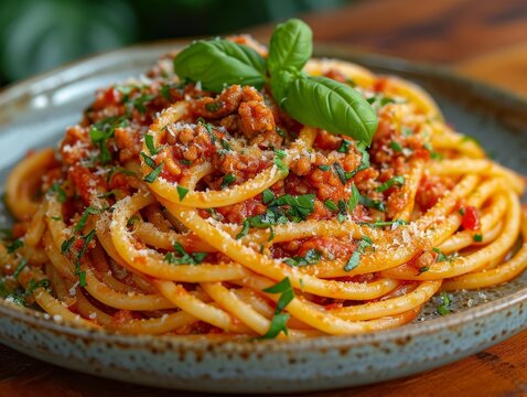 A mouth-watering plate of al dente spaghetti with rich bolognese sauce, fragrant basil, and perfectly cooked pasta pomodoro - a delicious representation of the beloved italian cuisine