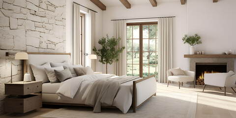 Empty master bedroom with parquet floors  Bedroom interior design minimal aesthetic 3d rendered A calm bedroom environment with a unique touch of nature dominated by white. - obrazy, fototapety, plakaty