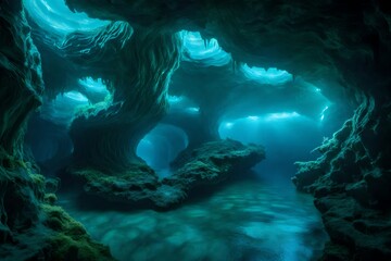Wavy underwater caverns with bioluminescent creatures