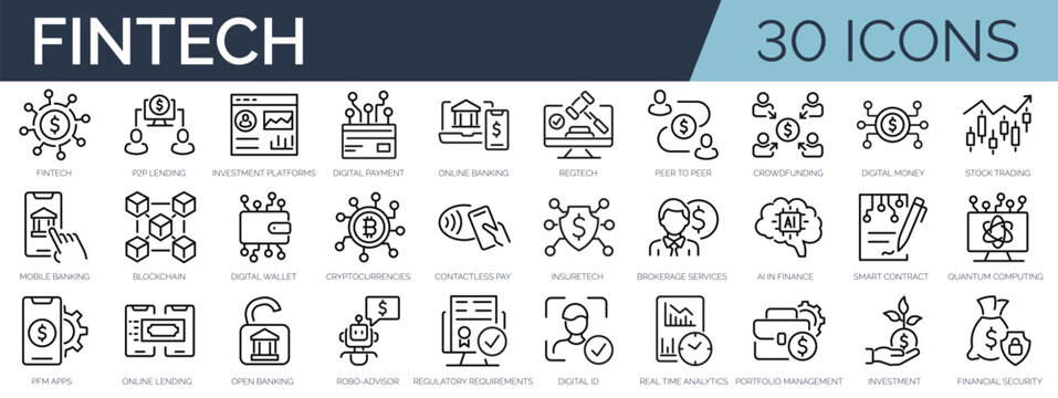 Set of 30 outline icons related to fintech. Linear icon collection. Editable stroke. Vector illustration