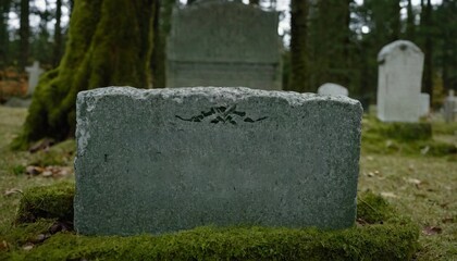 Mockup of an old gravestone surrounded by moss. With an old or historic cemetery in the background. to illustrate materials related to cemeteries, historical sites, or concepts of memory and loss.