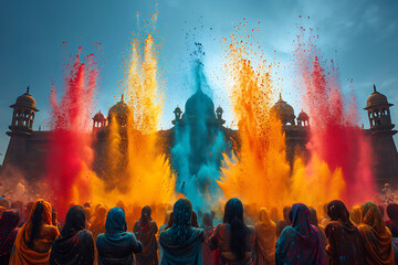 Holi is a popular and significant Hindu festival celebrated as the Festival of Colours, Love and Spring with people throwing different colors of powder paint in the air	 - obrazy, fototapety, plakaty