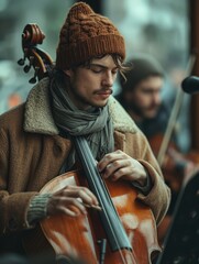 A person passionately plays a cello in the great outdoors, their face reflecting the timeless...
