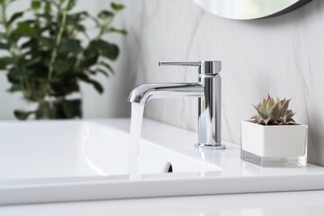 Water flowing from the faucet in the bathroom interior, close up