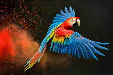Scarlet macaw parrot flying isolated on black background. Extreme close-up of colorful parrot flying from splash of paint, creativity concept. A captivating splatter art composition featuring a parrot