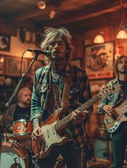 A diverse band of musicians, dressed in vibrant clothing, captivates the crowd with their electrifying performance on various string instruments at an indoor rock concert