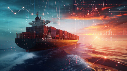 A cargo ship with a digital tracking system interface overlay, logistics, dynamic and dramatic compositions, with copy space