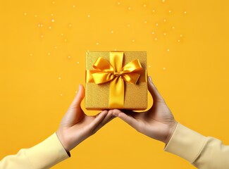 Hands carrying a gold gift in the photo on a yellow background. generative AI