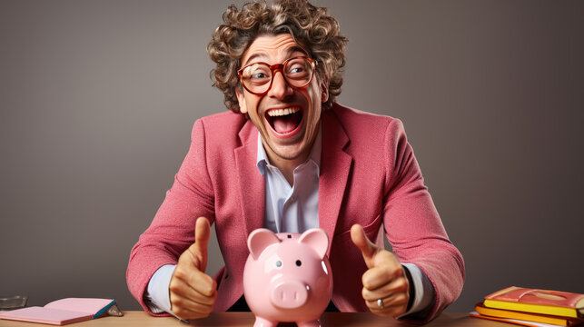 Man with curly hair and glasses, raising his fists in excitement, with a pink piggy bank on the desk in front of him, suggesting themes of savings or financial success.